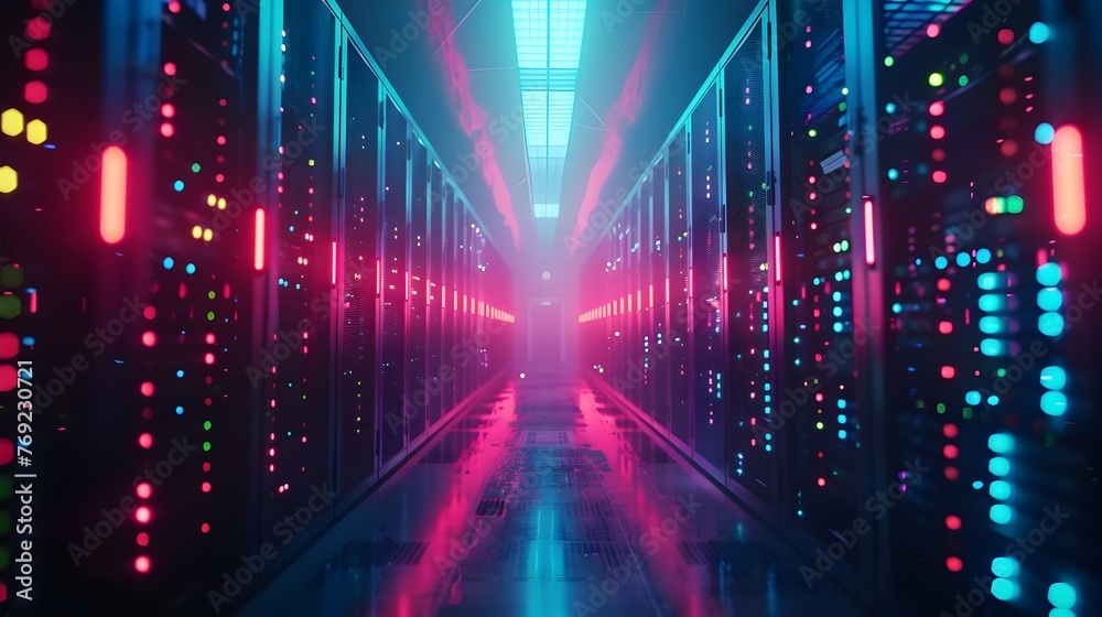 Modern Data Center's Glowing Neon Lights Illuminating Quantum Computing Power