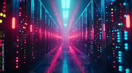 Modern Data Center s Glowing Neon Lights Illuminating Quantum Computing Power
