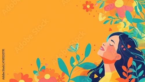 A vibrant illustration of a woman enjoying nature, surrounded by colorful flowers and butterfly.