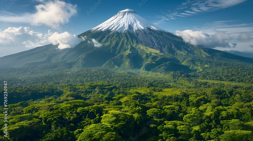 Snow-Capped Volcano's Serene Power in Aerial Splendor