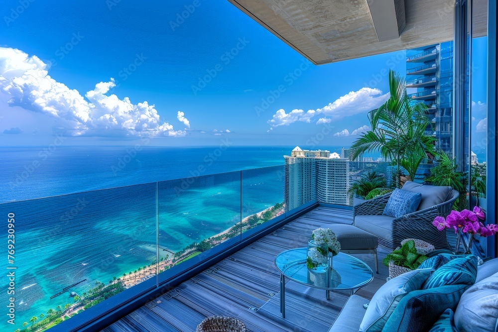 Fototapeta premium A balcony overlooking the vast, tranquil expanse of the ocean, offering a peaceful moment of contemplation and awe-inspiring beauty