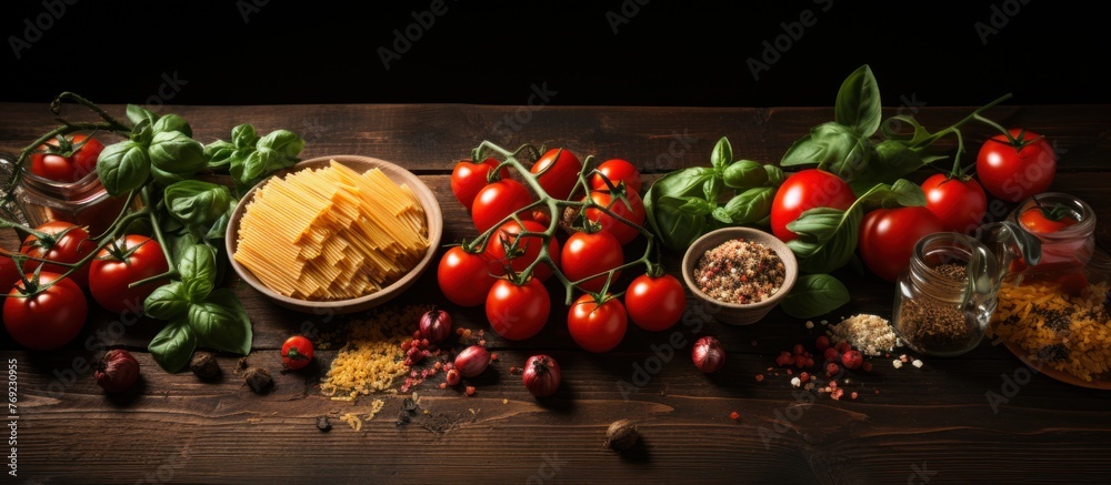 Italian food ingredients on rustic wooden background. Spaghetti, cherry tomatoes, basil and spices.