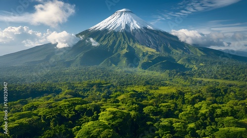 Snow-Capped Volcano s Serene Power in Aerial Splendor