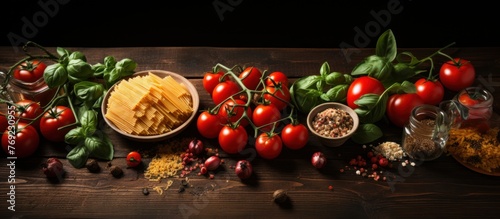 Italian food ingredients on rustic wooden background. Spaghetti  cherry tomatoes  basil and spices.