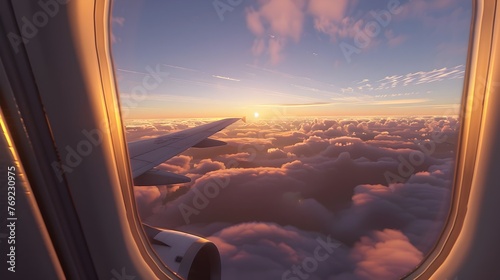Sunrise Horizon from an Airplane Window: A Spectacular Aerial Journey Begins photo