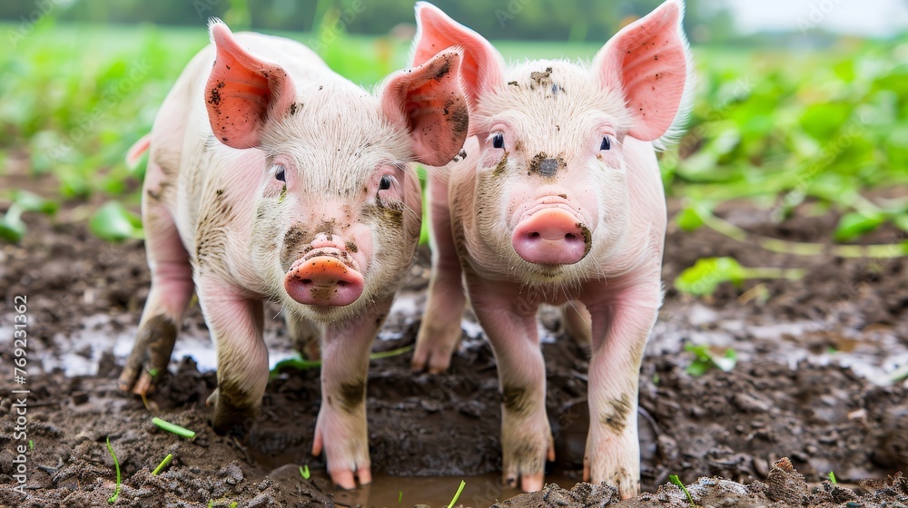 Cheerful piglets happily frolicking in a muddy puddle with exuberant spirits and playful energy Cheerful piglets happily frolicking in a muddy puddle with exuberant spirits and playful energy
