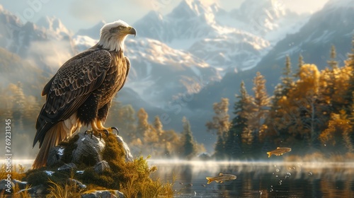 Bald eagle perched on rock near lake, mountains in background