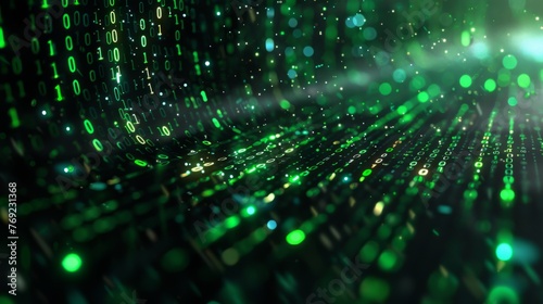 Digital Data Stream with Green Binary Code