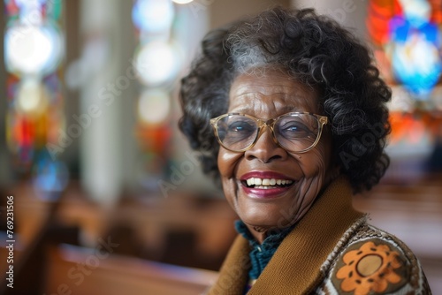 Mature elderly black African American woman smiling at church