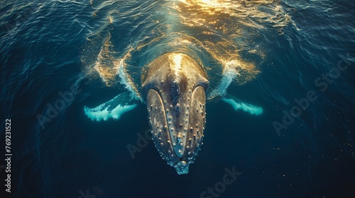 a humpback whale is swimming in the ocean © yuchen