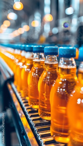 Fruit juice beverage production line on conveyor belt in a drink manufacturing factory