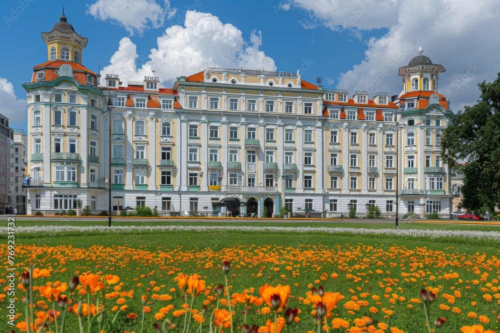 A grand white building stands tall as vibrant orange flowers bloom in front, creating a picturesque scene of contrast and beauty