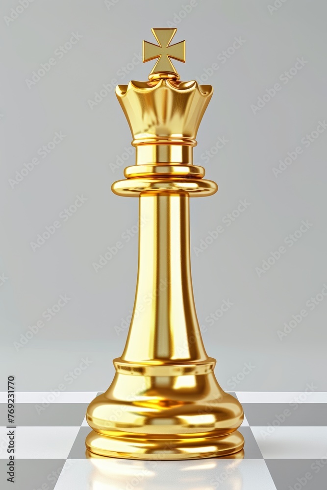 Golden king chess piece on board representing business success and leadership concept Golden king chess piece on board representing business success and leadership concept