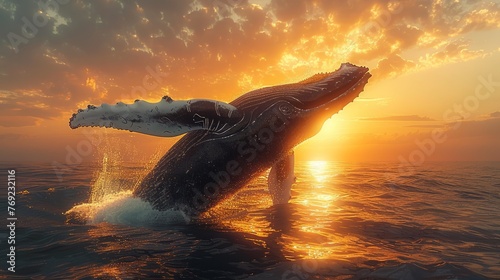 A humpback whale leaps from the water against a sunset sky © yuchen