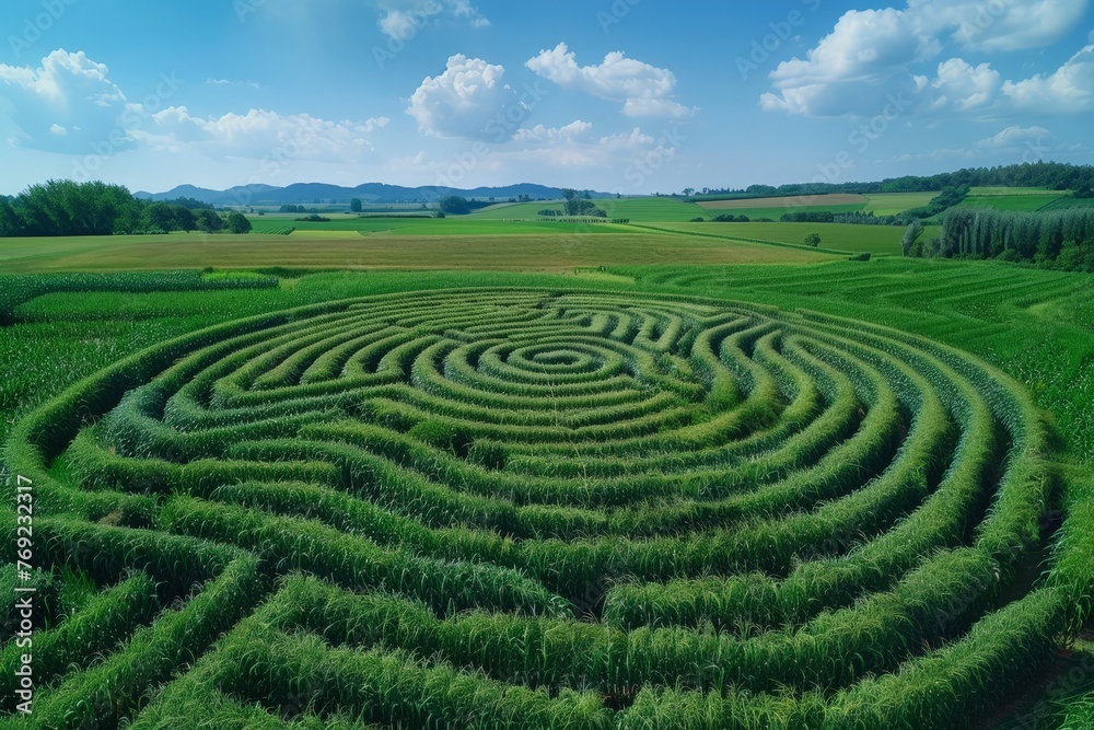 A vast circular maze stands amidst a vast field, offering a mysterious and serene escape for those who dare to navigate its intricate paths