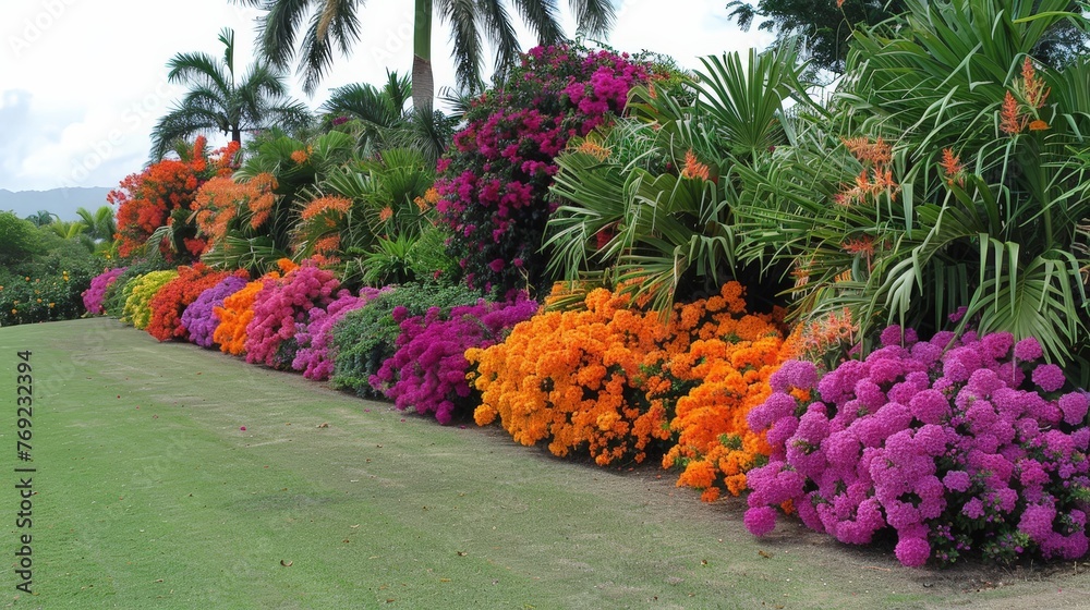 A vibrant array of colorful flowers lines a path in a sunlit park, showcasing natures kaleidoscope of hues and beauty