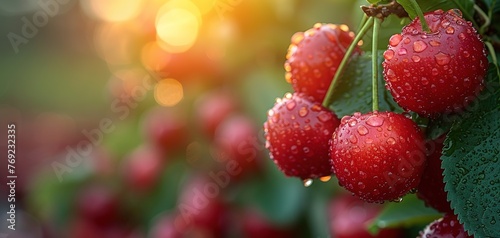 Red and sweet cherries on a branch just before harvest in early summer