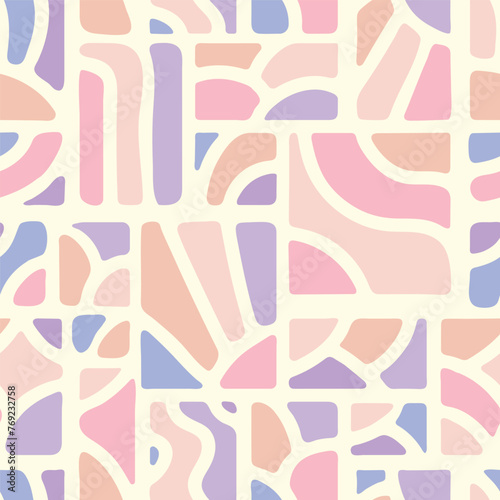 Retro abstract wallpaper print. Soft geometric shapes home decor design inspired by Scandinavian and Mid-century aesthetics. Groovy seamless pattern in pastel tones. Vector illustration