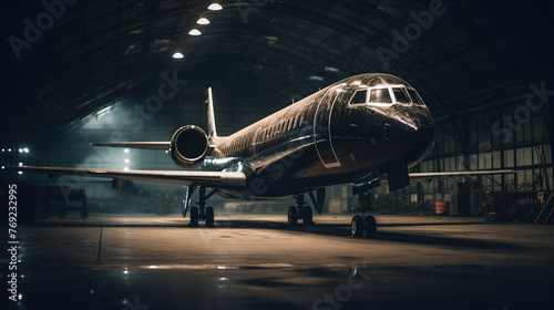 a black private jet standing in a hangar at night photo