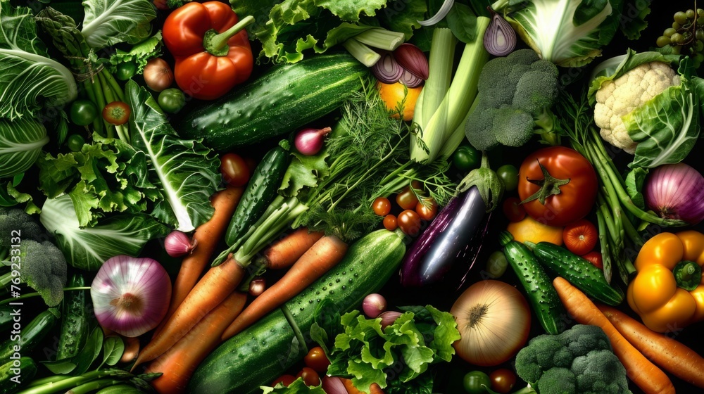 Organic vegetables including cucumbers tomatoes eggplants carrots broccoli cabbage onions celery and asparagus forms colorful backdrop representing abundance and diversity of nature bounty - obrazy, fototapety, plakaty 
