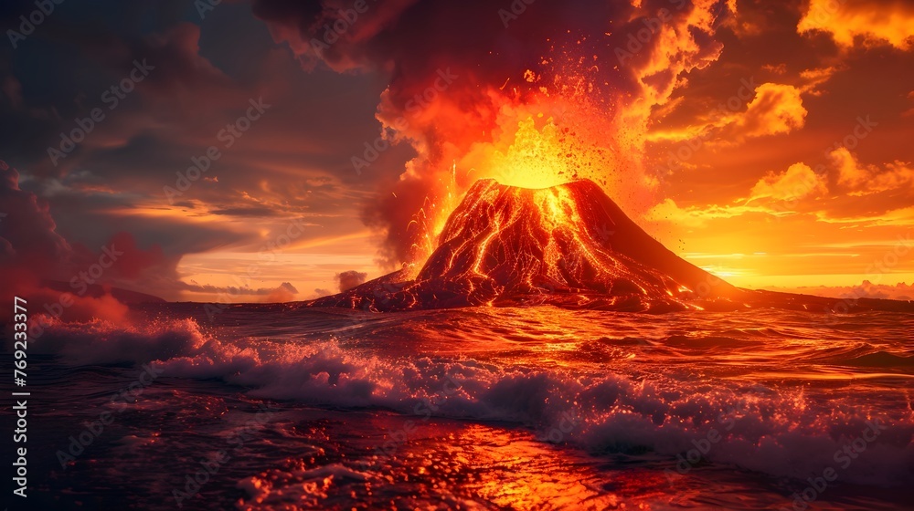 Volcano Sunset Drama: Lava Flows Meeting the Ocean at Dusk