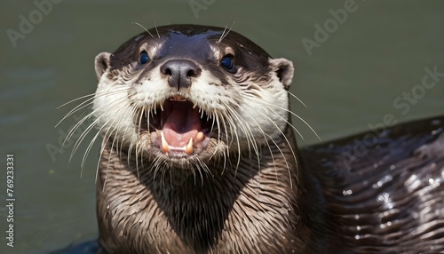 An Otter With Its Mouth Open Showing Off Its Shar