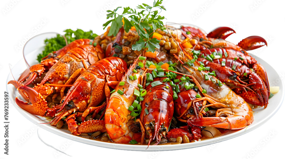 Garlic Crayfish, gourmet, meat plate, chicken dish , on white Garlic Crayfish, gourmet, meat plate, chicken dish , on white