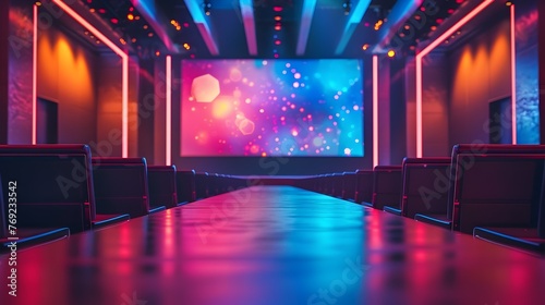 Vibrant LED Screen Podium Setting the Tone for a Dynamic Conference Hall Gathering photo