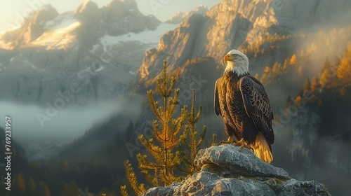 Bald eagle perched on rocky mountain peak in Falconiformes landscape