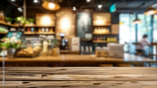 Wooden table in cafe perfect for product placement, with blurred background of female customer setting business and leisure ideal for showcasing ambiance of modern dining retail space