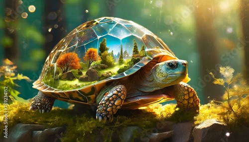  A tortoise with a transparent, crystal shell through which you can see a miniature © Jay Kat.