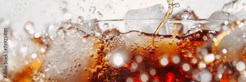 Pouring of Cola and Ice Cola soda and ice splashing fizzing or floating up to top of surface Close up of ice in cola water Texture of carbonate drink with bubbles in glass Cold drink background 