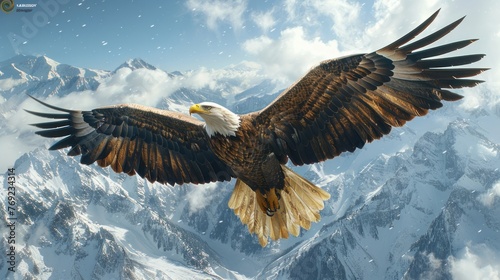 Accipitridae bird soars over snowy mountains in the sky