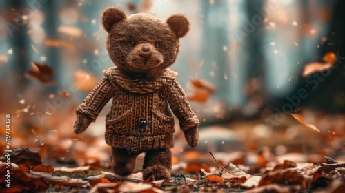 Tranquil embrace of the autumn forest, an antique teddy bear takes hesitant steps fallen leaves, its worn fur and tired eyes bearing witness to a lifetime of memories photo