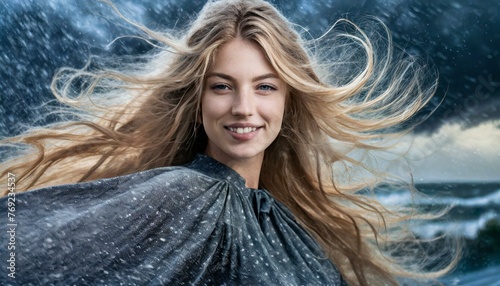 Close-up portrait of a young female goddess in the midst of a raging storm. 