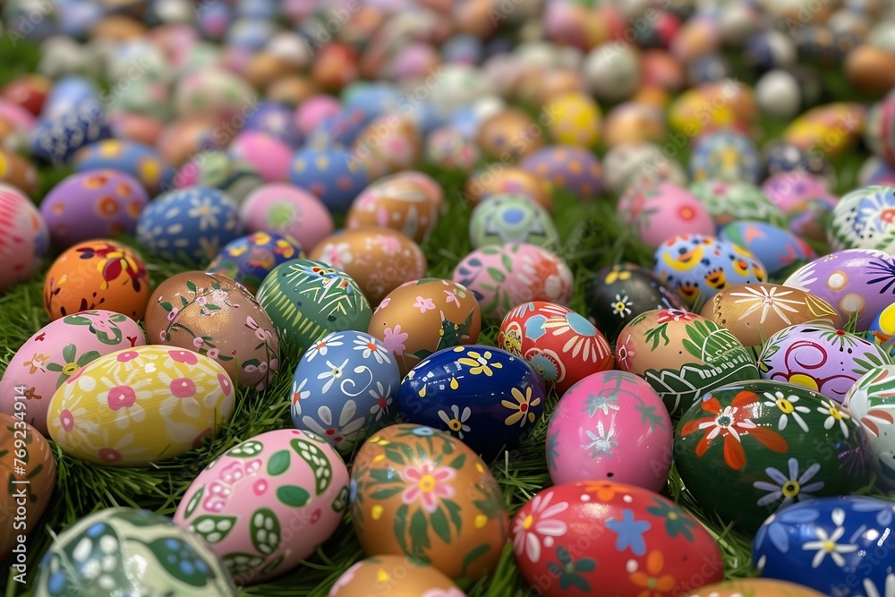Sprawling Field of Hand-Decorated Easter Eggs on Grass Sprawling Field of Hand-Decorated Easter Eggs on Grass