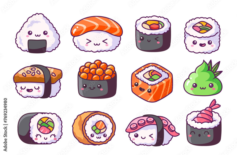 Vector Set of cute kawaii sushi Vector Set of cute kawaii sushi