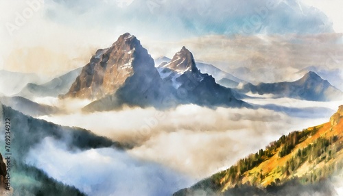 High mountain peaks emerging from a sea of fog, with the tips just visible above the clouds