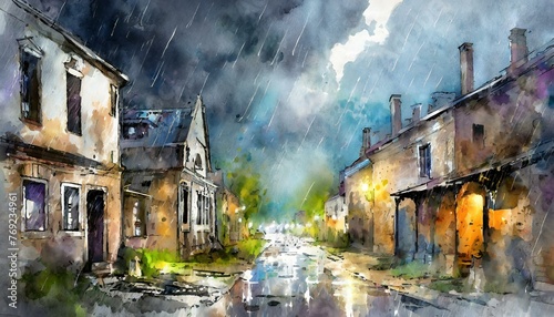 An old, deserted town as a thunderstorm approaches. The impending storm adds a dramatic