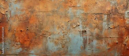 A closeup of a rusty metal wall with a brown wood flooring in a natural landscape, showcasing an art paint pattern resembling a painting in visual arts