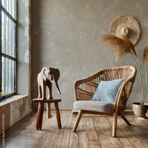 Stlish interior of living room with rattan armchair, wooden stool, elephant figure and decor. Generative AI. photo