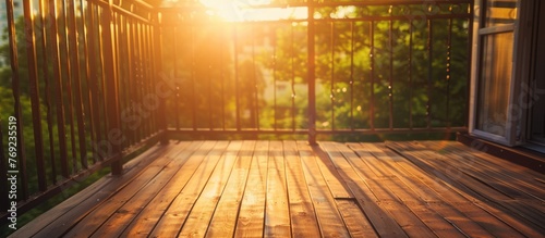 Scenic balcony with sunlight on wooden flooring.