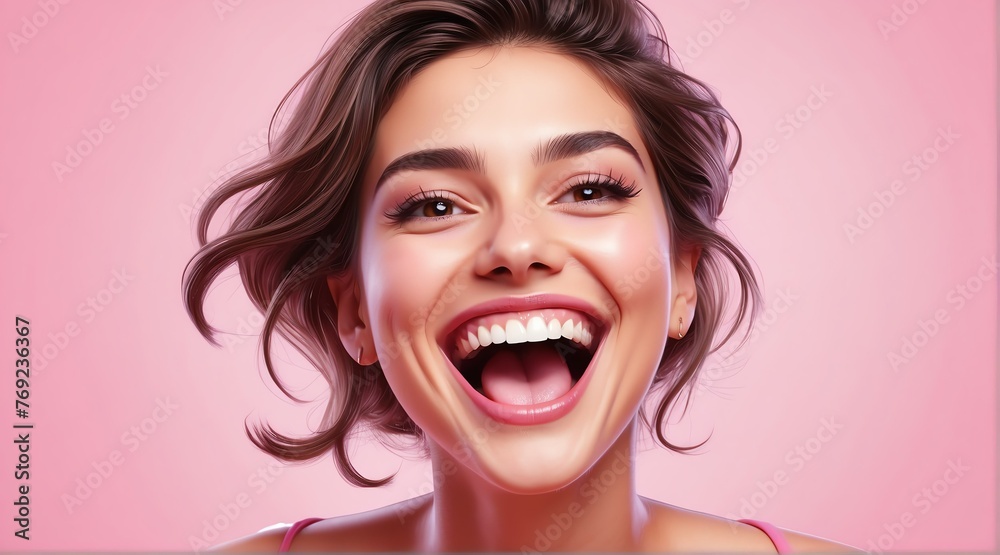 young italian on plain bright pink background laughing hysterically looking at camera background banner template ad marketing concept from Generative AI