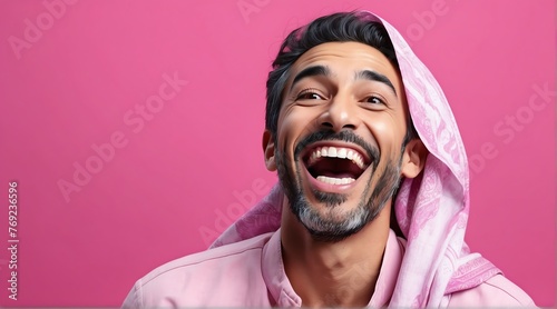 young middle eastern middle age man on plain bright pink background laughing hysterically looking at camera background banner template ad marketing concept from Generative AI