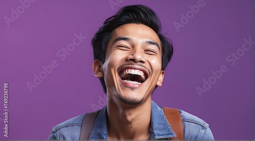 young indonesian man on plain bright purple background laughing hysterically looking at camera background banner template ad marketing concept from Generative AI