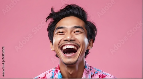 young indonesian man on plain bright pink background laughing hysterically looking at camera background banner template ad marketing concept from Generative AI photo