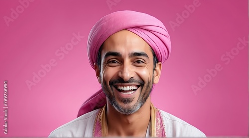 young middle eastern middle age man on plain bright pink background laughing hysterically looking at camera background banner template ad marketing concept from Generative AI