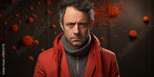 Portrait of a man in a red coat and a knitted hat against the background of viruses