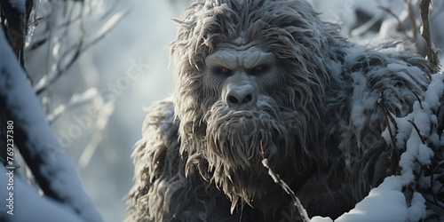 a gorilla in the woods with a snow covered background Imagination of yeti