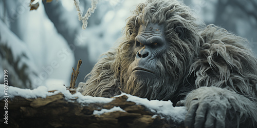 a gorilla in the woods with a snow covered background Imagination of yeti
